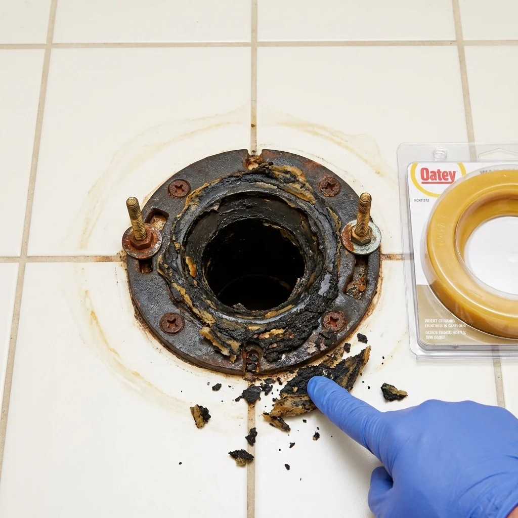 Failed wax ring showing water seepage at the base of a toilet in a Trenton, OH home